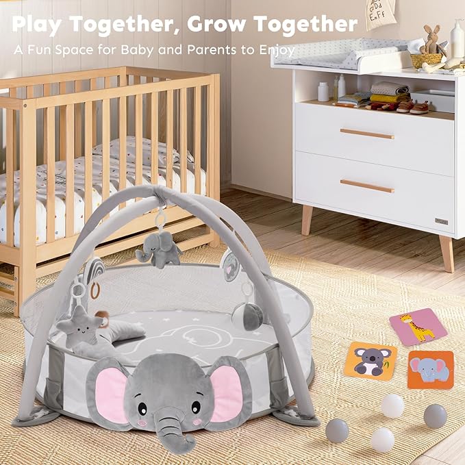7-in-1 XL Large Baby Play Gym Mat, Tummy Time Mat, Baby Gym & Ball Pit, Baby Activity Mat with Milestone Cards & 6 Detachable Toys for Sensory Motor Skill, Elephant