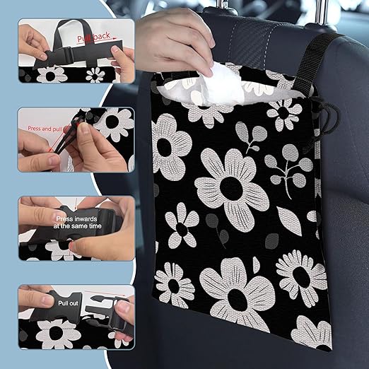 Abstract White Groovy Floral Car Trash Bag,Hanging Drawstring Car Garbage Bag,Canvas Car Back Seat Organizer with Adjustable Buckle for Men and Women