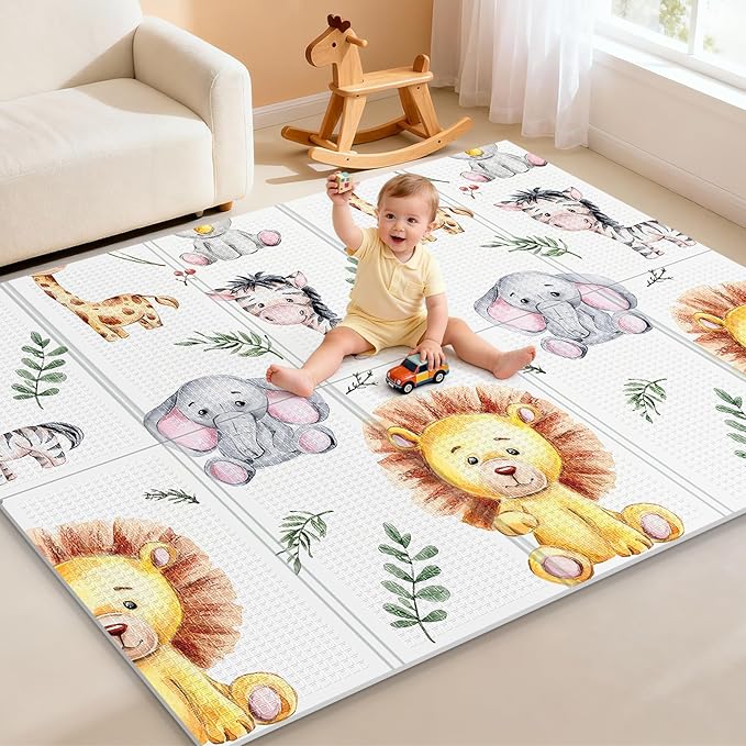 71x59 Foldable Baby Play Mat for Floor, Foam Playmat for Babies 0-12 Months, Kids Non Toxic Thick, Waterproof & Anti-slip Crawling Toddlers Mats, Babies Activity Tummy Time Playmat, Lion,71x59