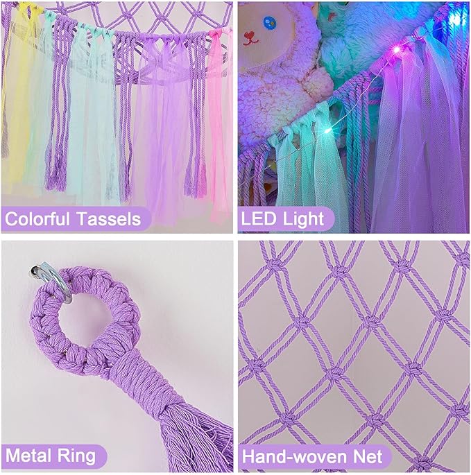 FIOBEE Stuffed Animals Net or Hammock with LED Light, Toy Hammock Hanging Stuffed Animals Storage Organizer Holder Room Décor for Nursery Kids Bedroom