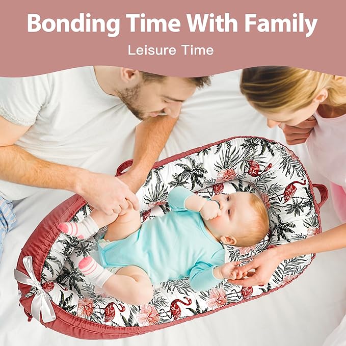 Baby Lounger-Breathable and Soft Organic 100% Cotton, Portable Infant Lounger with Removable Lounger Cover, Baby nest Lounger for Newborn - Red Flamingo