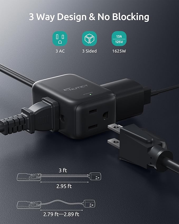 Flat Extension Cord with 3 Outlets, 3FT Short Extension Cord Flat Wall Plug & Ultra-Thin Outlet Cover, 900J Surge Protection, 13A/1625W, ETL Listed, Black Outlet Extender for Kitchen Bathroom