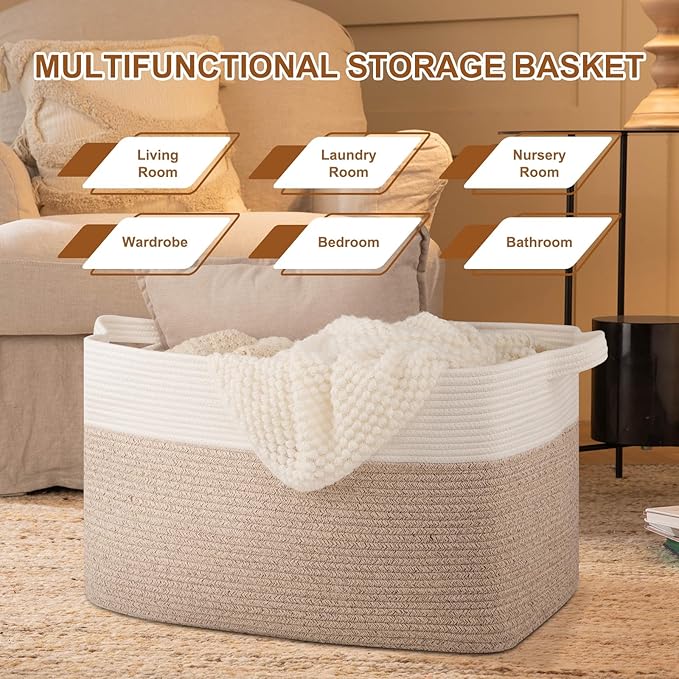 Extra Large Laundry Basket, 95L Blanket Basket for Living Room, Cotton Rope Toy Storage for Kids, Woven Baskets for Clothes, Towels, Pillows, 24" x 17" x 14", Brown and White