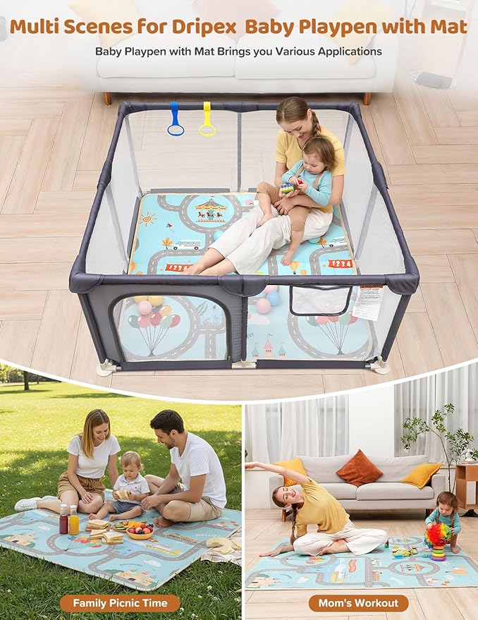 Dripex Baby Playpen with Mat, 47"x47" Play Pen for Toddlers 1-3 Years, Soft Breathable Visible Mesh, Indoor/Outdoor Portable Play Yard with Mat, Safe Baby Fence Play Area, Grey