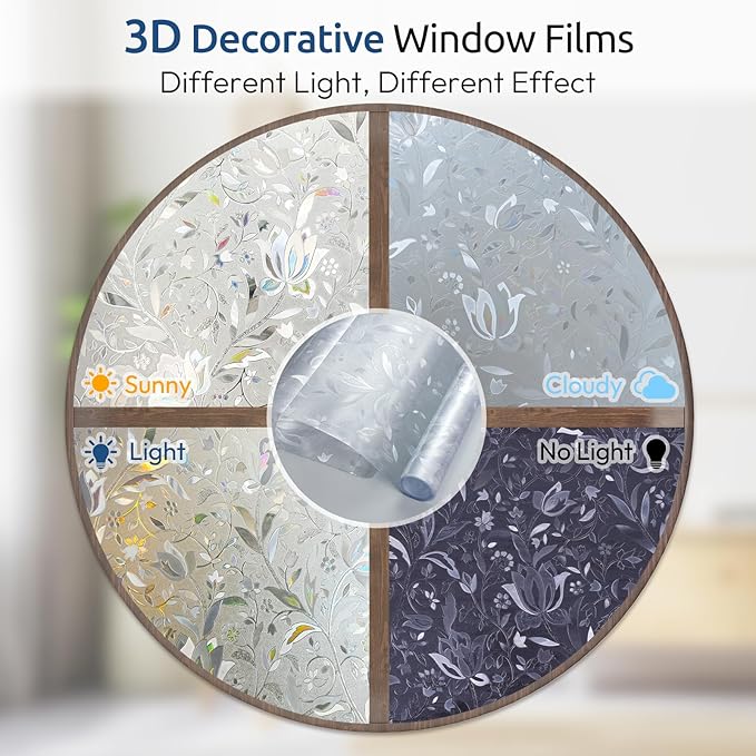 rabbitgoo Window Privacy Film, Decorative Stained Glass Window Film, Sun Blocking Glass Clings, Renter-Friendly Static Cling Frosted Sticker Covering for Home Door, Rainbow Tulip 17.5" x 118.1"