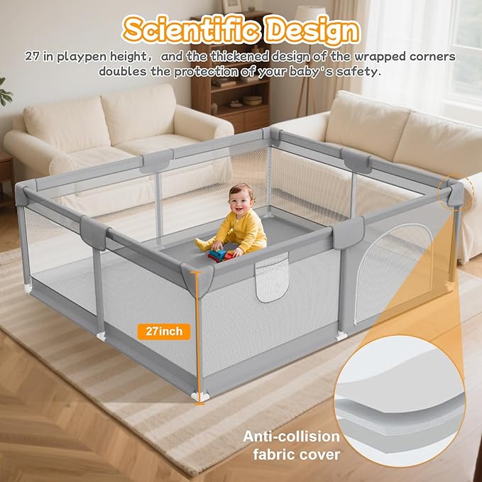 Deeteck Baby Playpen 79"x71" - Extra Large Playpen for Babies and Toddlers with 2 Handle - Baby Fence Play Area Safety Center for Indoor & Outdoor, Grey