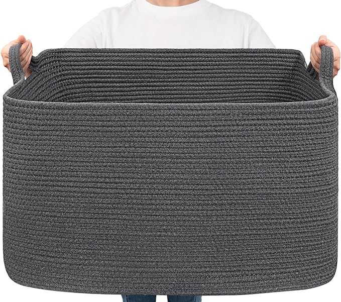Goodpick Storage Basket, Rectangle Dirty Clothes Baskets for Laundry, Woven Basket for Living Room, Extra Large Cotton Rope Baskets for Toys, Blankets, 23.6" x 15.7" x 13.8", Dark Gray