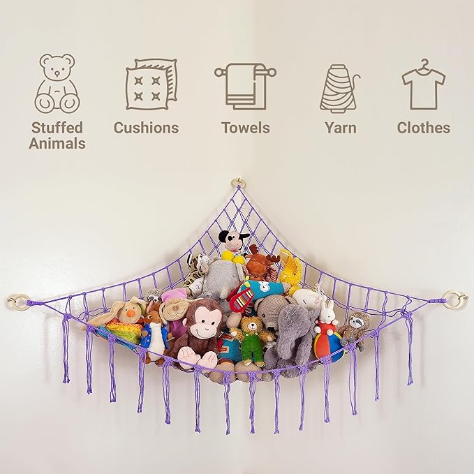 ABBY BABY Large Stuffed Animal Hammock Corner - Stuffed Animal Storage - 100% Natural Cotton Macrame Stuffed Animal Net - Stuff Animal Organizer - Net For Stuffed Animals Corner Large - Purple
