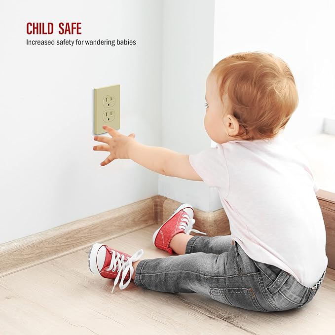 ENERLITES Screwless Duplex Wall Plates, Child Safe Receptacle Outlet Covers, Standard Size, 1-Gang 4.68"x 2.93", Unbreakable Polycarbonate Thermoplastic, UL Listed, SI8821-I-5PCS, Glossy, Ivory