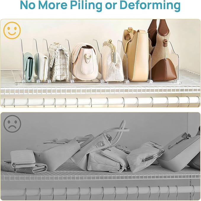 Vtopmart Free-Adjustable Purse Organizer for Closet with 4 Base, Clear Handbags Storage Organizer, Fits Different Bag Sizes & Closet Shelf, Expandable Plastic Shelf Dividers for Handbags, Wallets