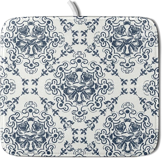 Bohemian Grey Retro Dish Drying Mat for Kitchen Counter,Boho Abstract Flower Art Drying Mat 16 x 18 Inch Microfiber Dish Drying Pad Dish Rack Pad Drainer Mat for Coffee Bar
