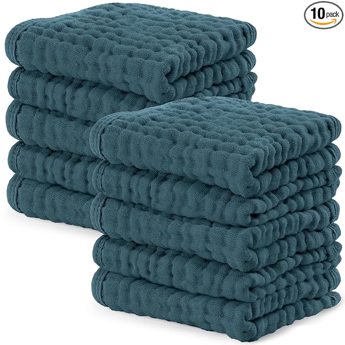 Comfy Cubs Muslin Baby Washcloths 10 Pack - Soft 6-Layer Cotton Wash Cloths for Sensitive Skin - 10"x10" Large, Gentle, Absorbent Infant Essentials for Newborn and Toddlers - Neptune
