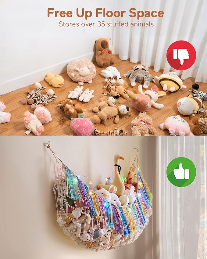 Boho Macrame Stuffed Animal Hammock with LED Lights – Large Wall Hanging Plushie Net, Corner Toy Organizer for Kids Bedroom, Nursery, Playroom & Dorm (Rainbow XXL)