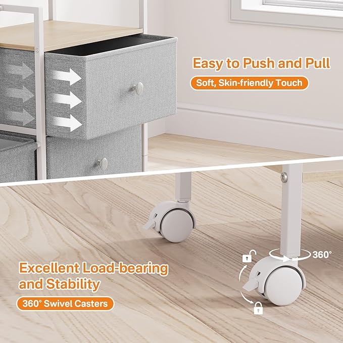 Baby Organizer and Storage - 3 Tier Rolling Cart with Dividers and Drawers, Easy To Assemble, Mobile Utility Cart with Wheels for Nursery, Bedroom, Changing Table & Crib,Light Gray