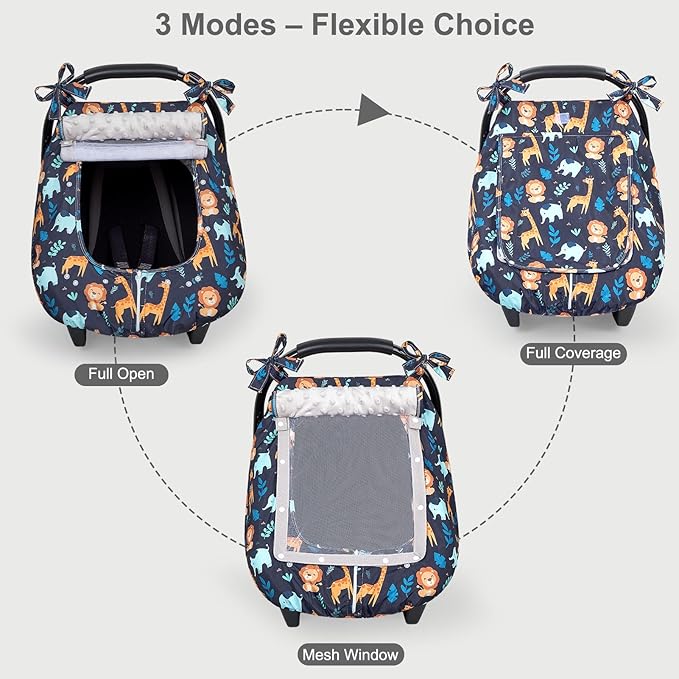 FIOBEE Baby Car Seat Cover, Car Seat Covers for Babies Infant Car Seat Canopy with Breathable Mesh Window Waterproof Carseat Cover for Babies Boy Girl 4 Seasons, Dark Blue Giraffe