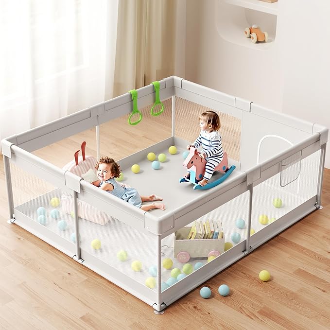 ZEEBABA Extra Large Baby Playpen - Playpen for Babies and Toddlers, Play Pen with Gate, Play Yard Baby Fence Play Area Zone Indoor, Sturdy Kids Play Pin (Gray, 69×59in)