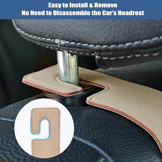 Amooca Car Seat Back Hook Universal Auto Storage Hanger Suede with Metal Car Seat Organizer for Handbag Purse Coat Umbrellas Grocery Bags 2 Pack Beige