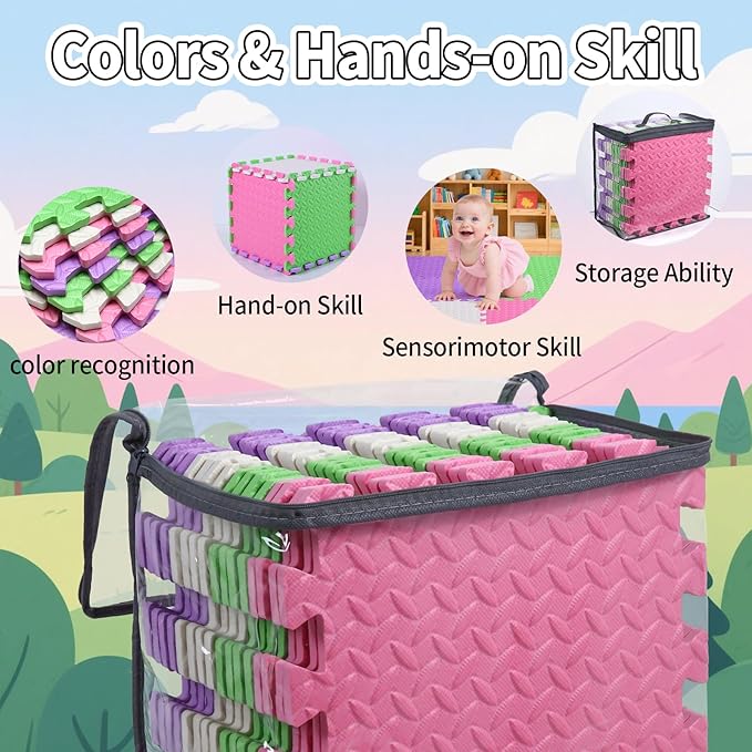 Coolcandy Baby Foam Play Mat 16Pcs with Edge Strips, 4 Colors Interlocking Floor Tiles, 0.4″ Thickened Non-Slip Puzzle Floor Mat for Infants Toddlers Playroom & Daycare