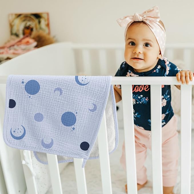 Bearmoss Muslin Burp Cloths, 100% Cotton Baby Burping Clothes, Large Extra Soft Absorbent for Unisex Newborn Boy and Girl, 20x10in, 6 Pack, Blue Print