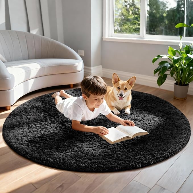 Ophanie Area Rugs for Bedroom Living Room,Color 3- Black,Size 5',Shape Round