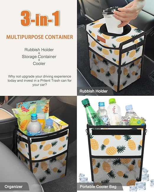 Car Trash Can with Lid, Cute Leakproof Car Trash Garbage Bag Hanging Vehicle Trash Bin Small Portable Automotive Garbage Cans Organizer for Back/Front Seat(Trapezoid,Pineapple Print