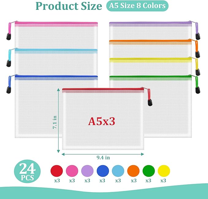 VVCOIIROEI 24pcs Mesh Zipper Pouch Bags Small, A5 9.4x7.1 Inches, 8 Colors Zipper Pouches for Classroom, Organizing Bags for Home, Office and Puzzle storage