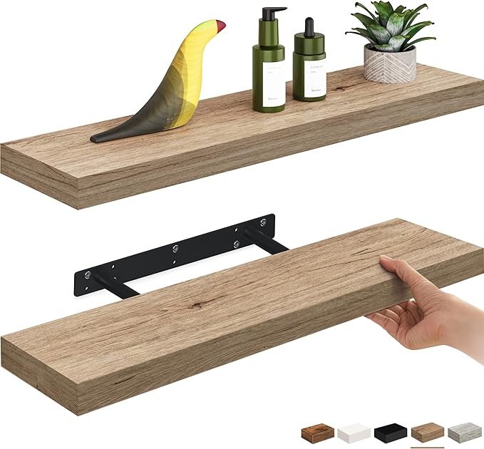 Ballucci Floating Shelves, 24" Wood Wall Shelf Set of 2, Invisible Brackets Floating Shelf Bathroom Wall Decor, Living Room, Bedroom, Kitchen, Nursery, 6" Deep, Natural Oak