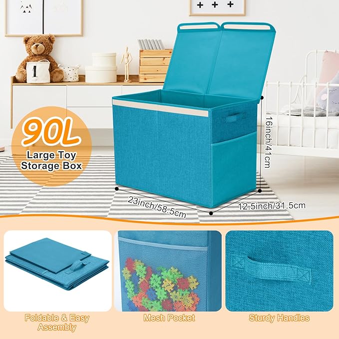 Fiwochic 3 Pack 23" Large Toy Storage Box with 11" Cubes Bins, Collapsible Toy Organizer Chest with Lids for Kids Nursery Playroom Bedroom Living Room Christmas Ornament Storage Box(Blue)