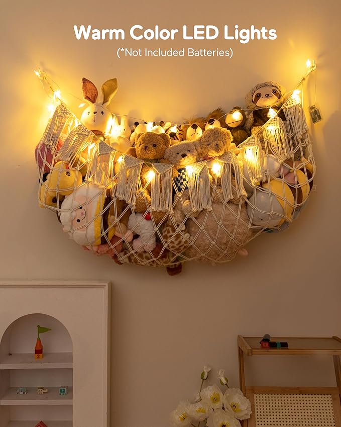 Boho Macrame Stuffed Animal Hammock with LED Lights – Large Wall Hanging Plushie Net, Corner Toy Organizer for Kids Bedroom, Nursery, Playroom & Dorm (White XXL)