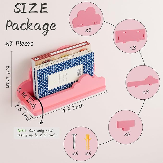 Beskadi Cloud Shelves for Kid’s Room Nursery Wall Deor Set of 3, Pink Cloud Bookshelf, Small Figure Shelf Wall Mounted, Cute Decorative Solid Wood Floating Shelves for Toys, Plants & Storage