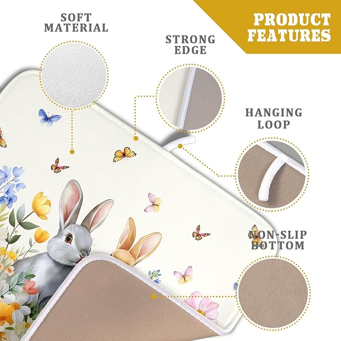 Spring Easter Rabbit Dish Drying Mat for Kitchen Counter,Colorful Flowers Butterflies Drying Mat 16 x 18 Inch with High Absorbent Microfiber Drainer Mat for Coffee Bar
