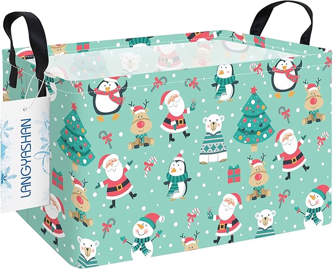 LANGYASHAN Rectangular Christmas Santa Claus Storage Basket with Handles for Organizing Home Kitchen Boys and Girls Toys Office Closet Shelf Baskets (Rec Penguin Santa Claus)