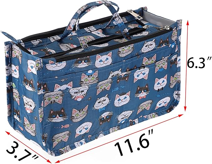 BTSKY Printing Handbag Organizers Inside Purse Insert - High Capacity 13 Pockets Bag Tote Organizer with Handle Cat