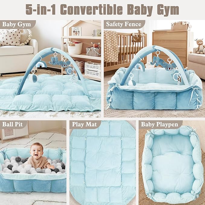 5-in-1 Plush Baby Play Gym, Baby Play Mats, Convertible Baby Gym, Tummy time mat, 6 Sensory Toys, Activity Center, Ball Pit, Blue