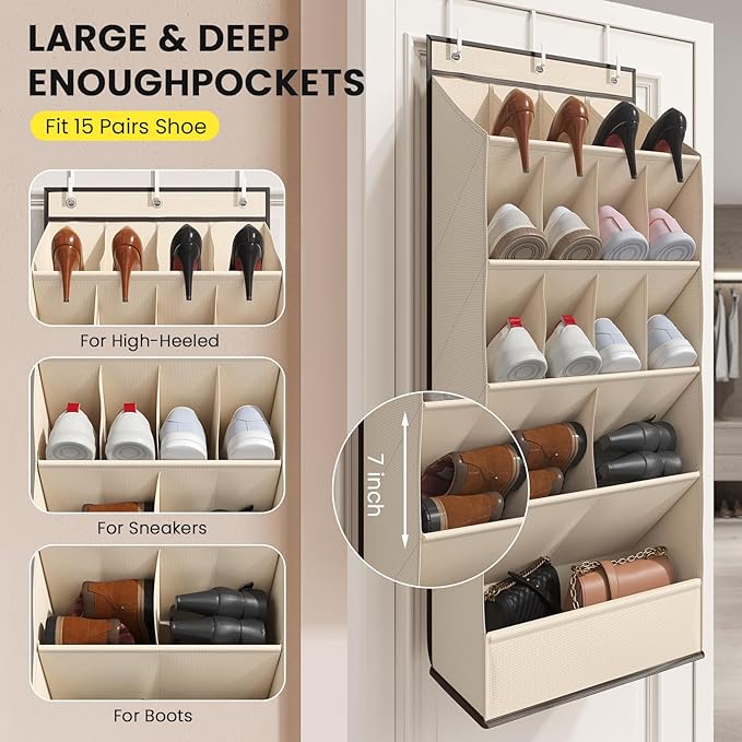 Mefirt Over the Door Shoe Rack with Large Deep Pockets, Door Shoes Organizer for Closet, Hanging Boots Shoe Rack, Behind the Door Narrow Shoe Holder, Multiple Pockets for Flexible Storage, Beige ﻿