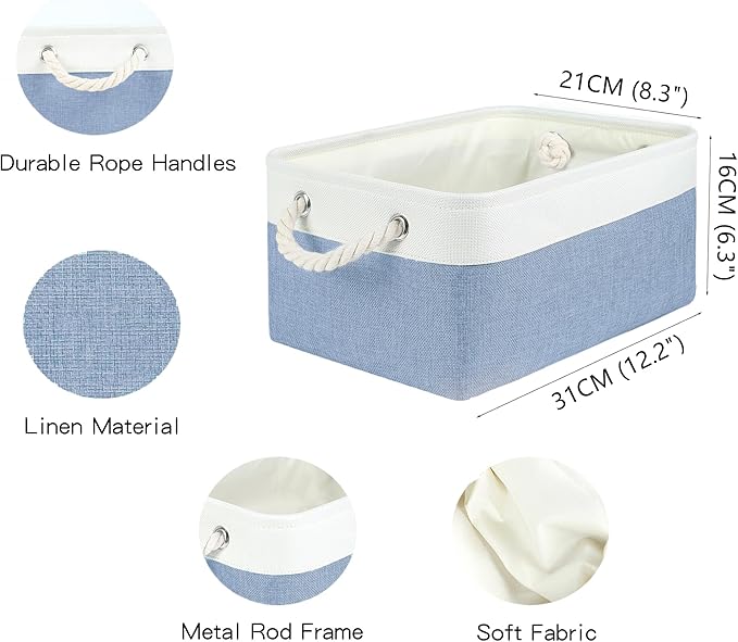 LordCom Storage Bins with Sturdy Cotton Handles(3 Pack), Fabric Storage Baskets for Organizing use for Office & Home, Book, Clothes, Toys, Closet Boxes (Small, Blue-White, 12.2x8.3x6.3 inches)