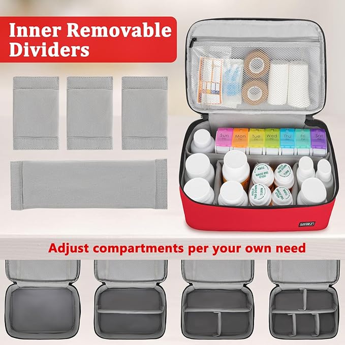 LEFOR·Z Medicine Storage Bag,Double Layers Pill Bottle Organizer Bag Empty with Lockable Zipper&Adjustable Divider,Medication Travel Carrying Bag for Pills,Vitamins,Medical Supplies,Red