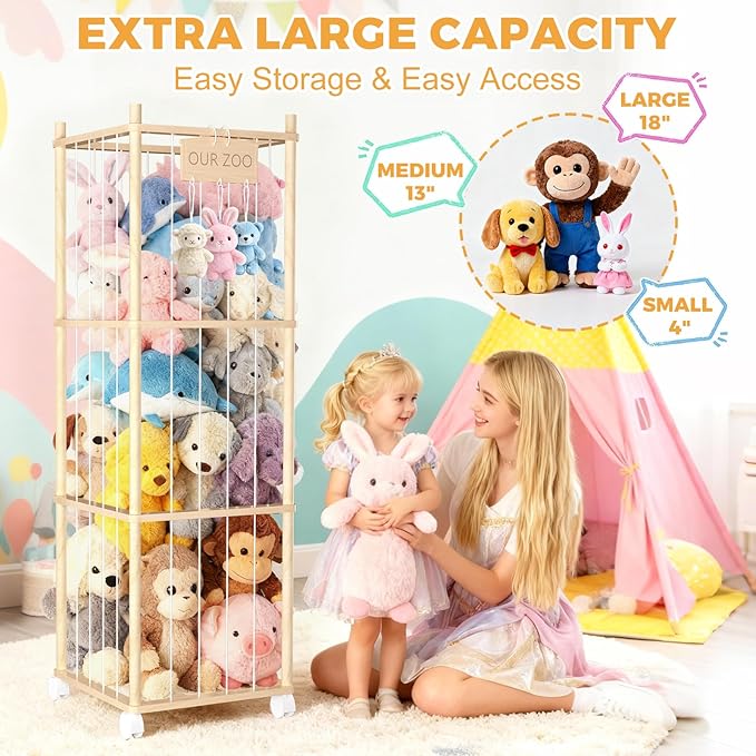 DUOQNY Stuffed Animal Storage, Wood Plush Toy Storage Organizer, Large Capacity Toy Cage with DIY Plaque Hang Small Objects, Gift for Nursery Playroom Kidroom Bedroom (54-Inch)