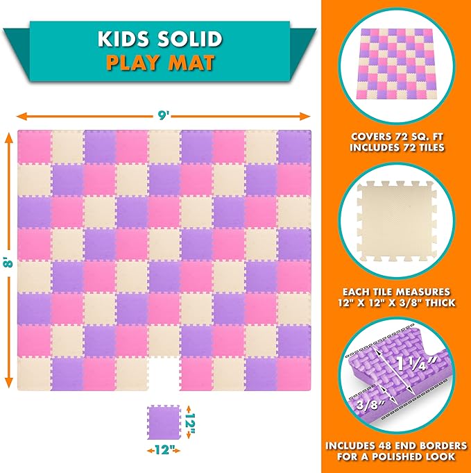 ProSource Baby Play Mat, Soft Foam Floor Tiles for Kids, Interlocking EVA Panels for Playpen Use, Crawling Development Surface, Safe Non-Toxic Toddler Flooring, 72 Tiles, Pink/Purple/Beige