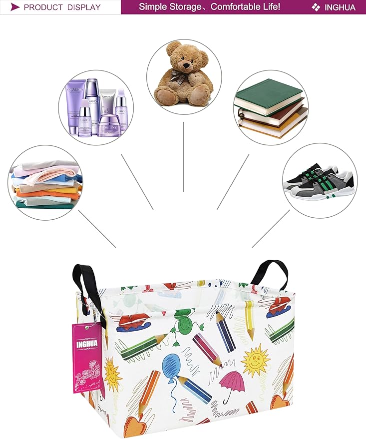 INGHUA Rectangular Storage Basket Fabric Organizer Bin for Toys,Books,Clothes,Gifts,Pets-Perfect for Home,Office,Nursery,Dorm,Shelf(Rec-colored pencil )
