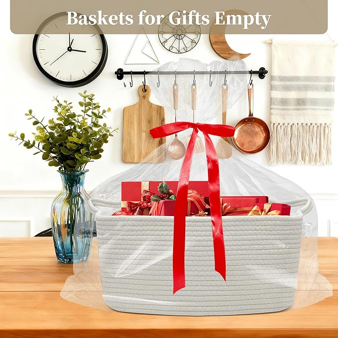Gift Baskets Empty for Kids, Woven Storage Basket for Gifts Small Rope Basket for Toy Baby Shower Baskets for Diaper Caddy Easter Boo Basket for Home Décor White, 16 x 12 x 7 inches