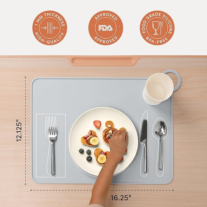 Kids Silicone Montessori Placemat for Toddlers | Children Plate Mat for Dining Table Setting | by Fire Rooster Kids (Grey, 1)