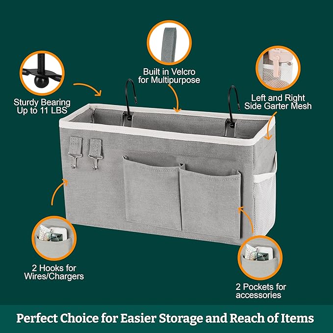 Bedside Caddy Organizer Hanging Storage Bag with Pockets for Books, Magazines, Phone, Tablet & Water Bottle – Bedside Storage for Dorm, Bunk Beds, Hospital Beds & Cribs,Grey