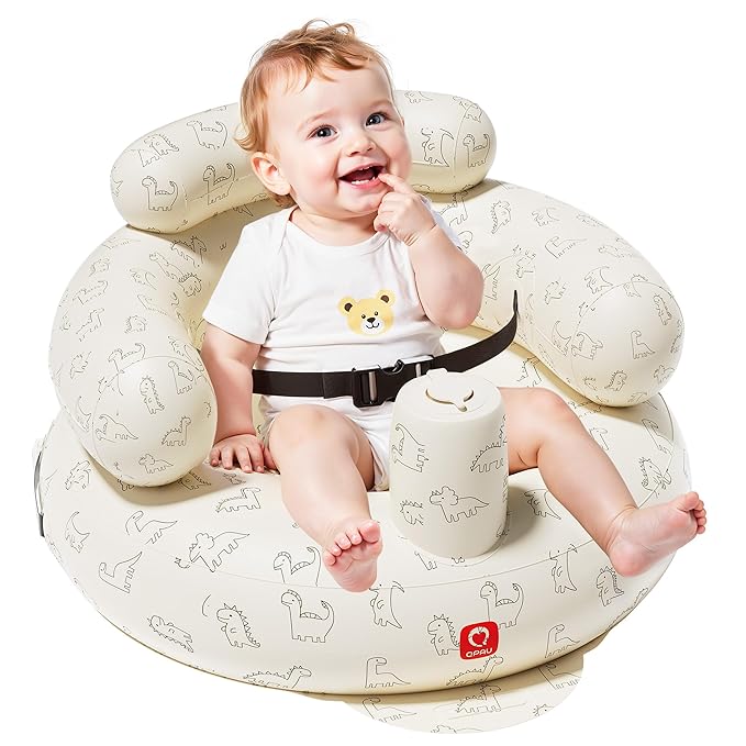 QPAU Inflatable Baby Seat with Safety Harness for Babies 3 Months & Up, Baby Floor Seats for Sitting Up, Baby Seats for Infants, Blow Up Baby Chair with Built in Air Pump (Dinosaur)