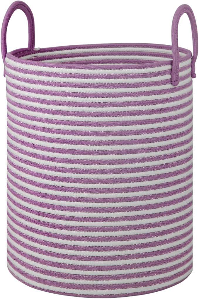 Large Laundry Basket,Laundry Hamper,15''x18'' Cotton Rope Storage Basket with Handles,baby hamper, Nursery Blanket Storage Living Room,toy basket,kids laundry,home decor (white+purple)