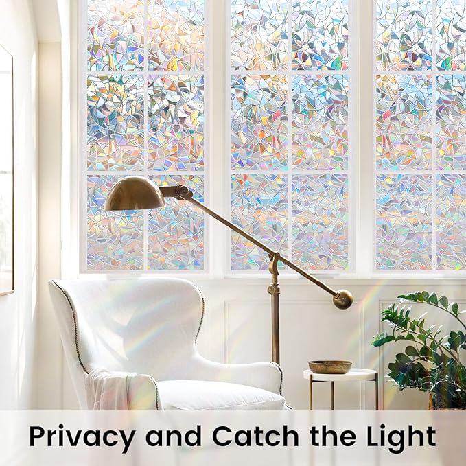DOWELL Window Privacy Film, Rainbow Window Film, Decorative Stained Glass Clings, Static Cling Door Sticker, Non-Adhesive 3D Decals for Home UV Protection, Clear, 17.5 x 157.5 inches