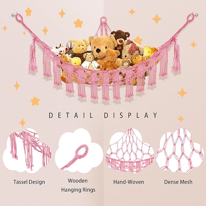CERETIA Stuffed Animal Hammock with LED Light, Large Stuffed Animals Storage Corner Plushie Net for Kids Room Decor, Pink