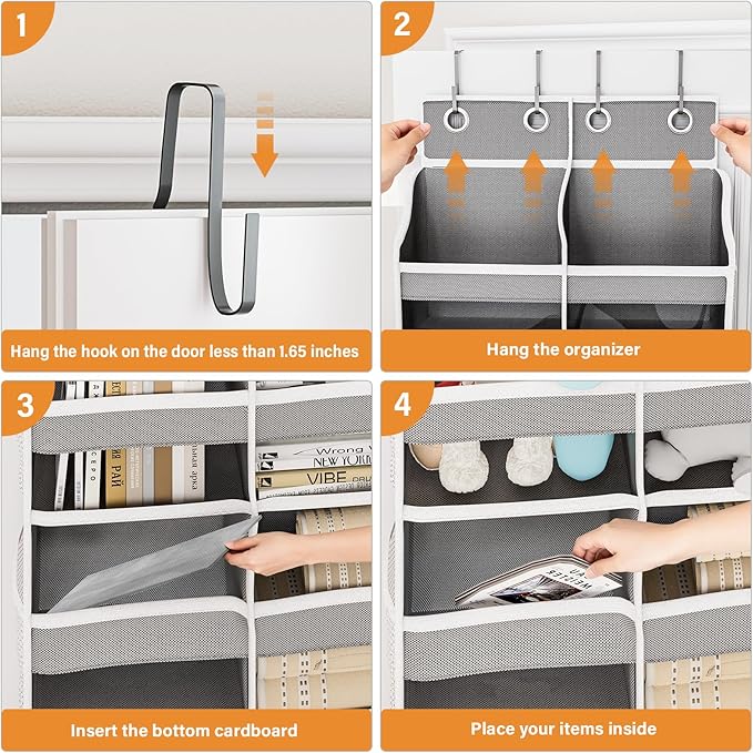Abiglifty 5-Tier Over The Door Organizer with 10 Side Pockets, Large Behind The Door Storage, 4 Hooks Design, Door Organizer with Clear Windows for Bathroom, Bedroom, Nursery, Entryway(Grey)