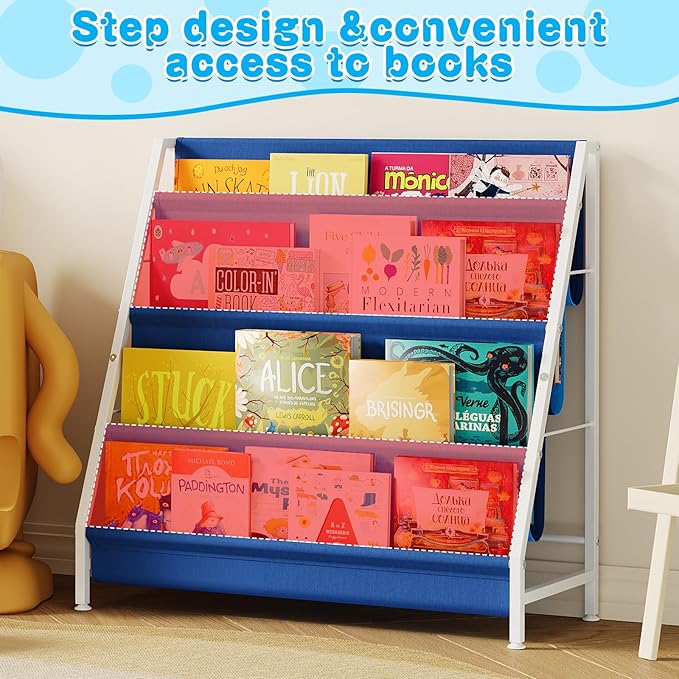 Kid Bookshelf for Kids Rooms, 4-Tier Blue Montessori Bookshelf,Toddler Children Bookshelf,Metal Kid's Book Storage Organizer for Boys Room Furniture Playroom Kindergarten