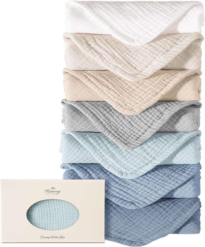 Konssy Muslin Baby Burp Cloths Sets for Unisex- 7 Pack Soft 100% Cotton Burping Clothes for Newborn，Baby Girls and Boys
